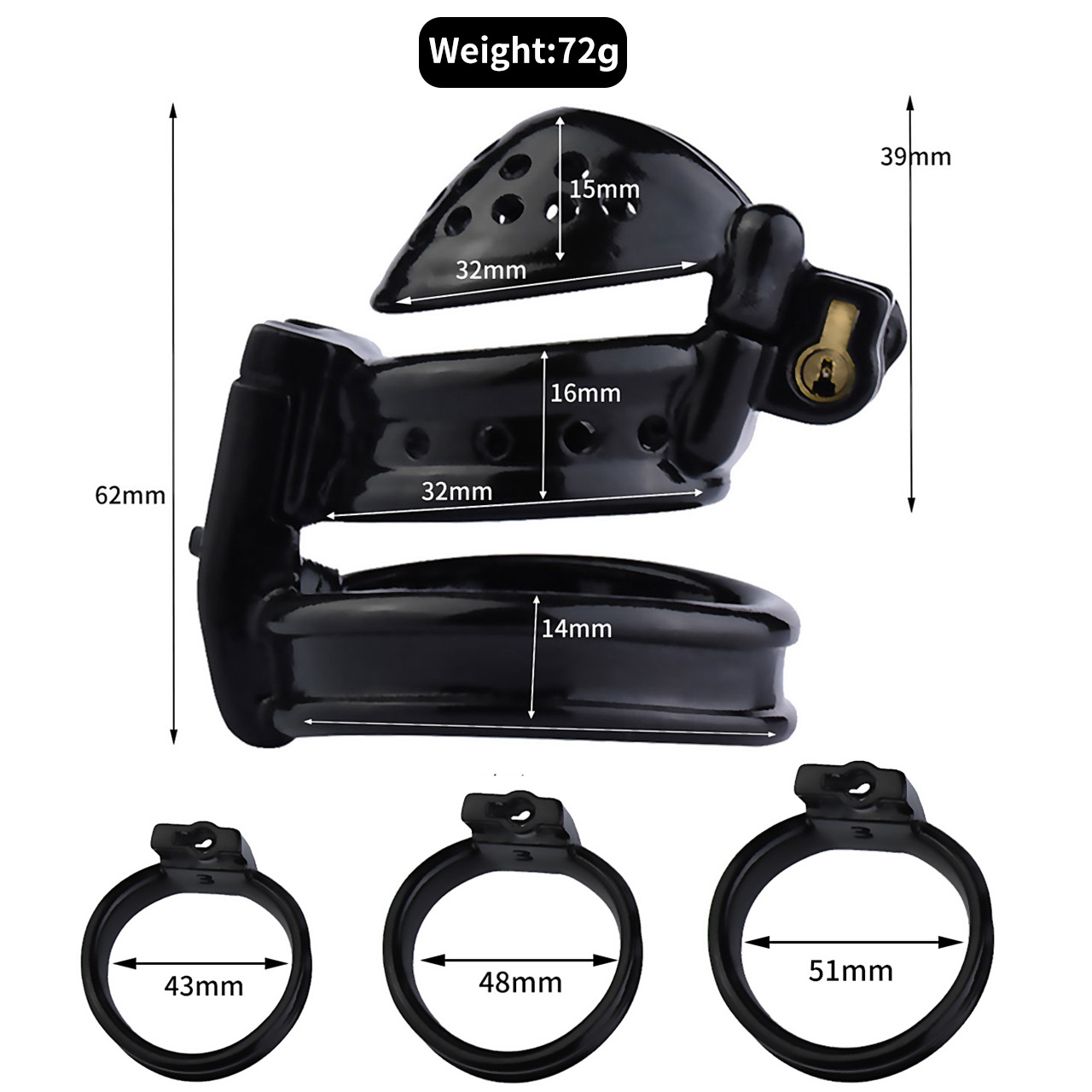 Double Locked 3D Printed Black Chastity Cage with Removable Cap