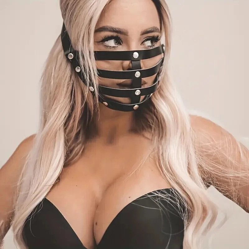 Máscara de bondage BDSM con arnés erótico de cuero de PU