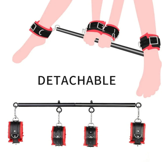 Black/Golden Extendable Spreader with Handcuffs and AnkleCuffs Sex Bondage Restraints