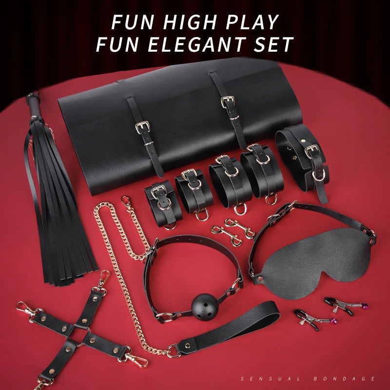 10 Pcs Bondage Kit Sex Restraints Gears Handcuffs Whip Erotic Sm Sex Toy Kits