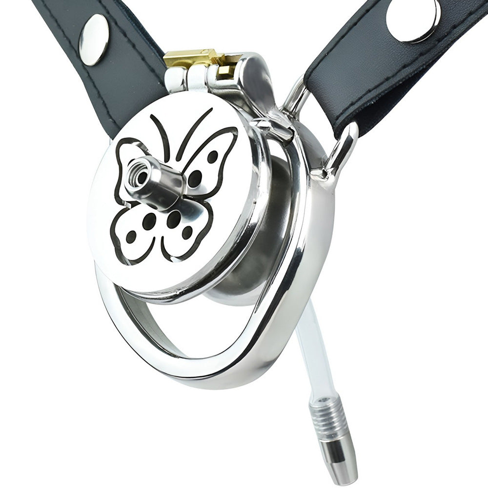 Sissy Butterfly Inverted Chastity Cage with PU Belt and Silicone Catheter Metal Negative Cock Cage