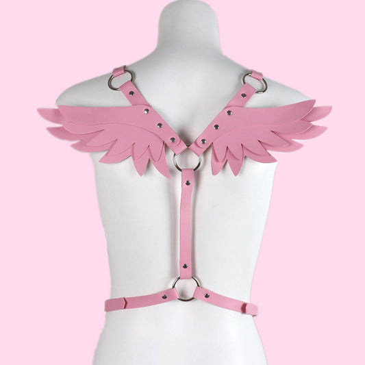 Pink PU Leather Body Harness - Angle Wings Waist Bondage Lingerie - ChastityBondage