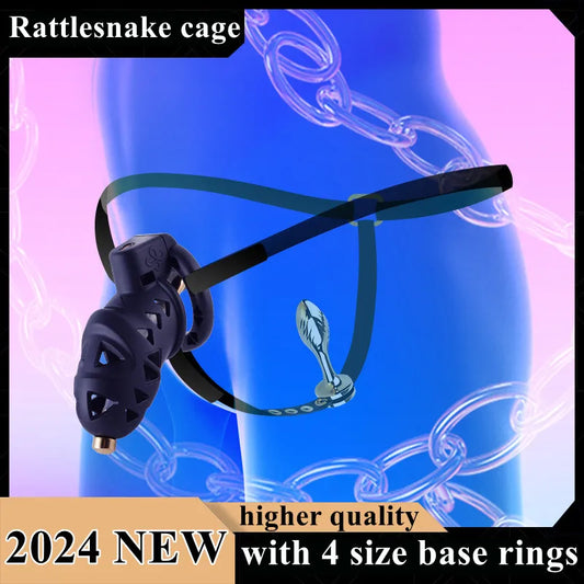 Rattlesnake Cobra Chastity Cage Belt with Anal Plug, Urethral Tube and 4 Penis Rings