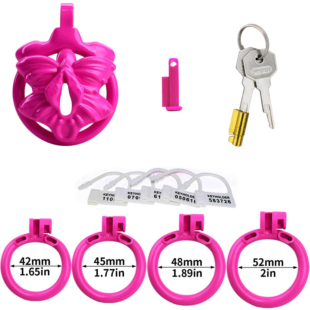 Pink Butterfly Clit Chastity Cage with 4 Penis Rings Super Small 3D Printed Resin Cock Cage For Sissy Ladyboy Femboy