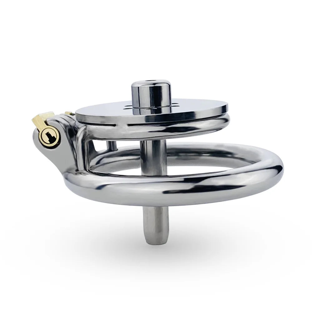 flat chastity cage with metal urethral tube