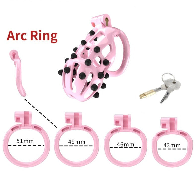 Pink Chastity Cage with 5 Size Penis Rings and Removable Silicone Spikes - ChastityBondage