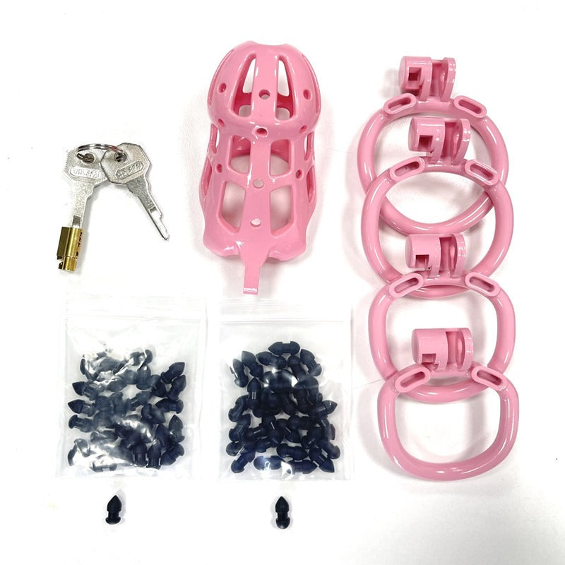 Pink Chastity Cage with 5 Size Penis Rings and Removable Silicone Spikes - ChastityBondage