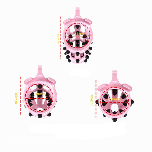 Pink Chastity Cage with 5 Size Penis Rings and Removable Silicone Spikes - ChastityBondage