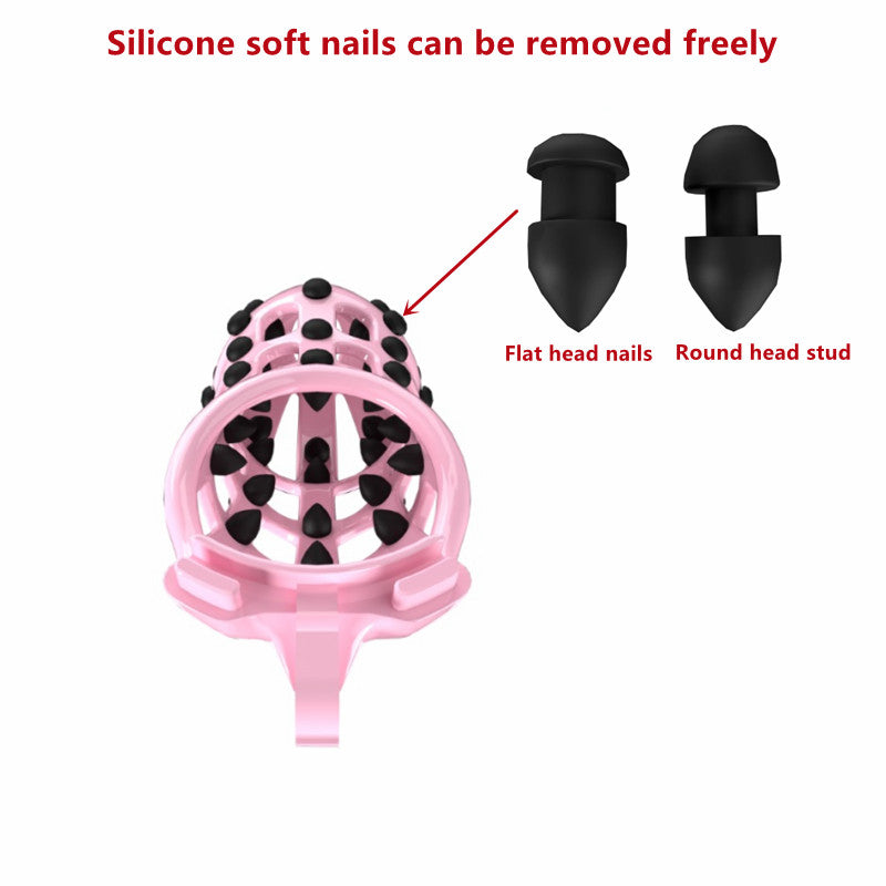 Pink Chastity Cage with 5 Size Penis Rings and Removable Silicone Spikes - ChastityBondage
