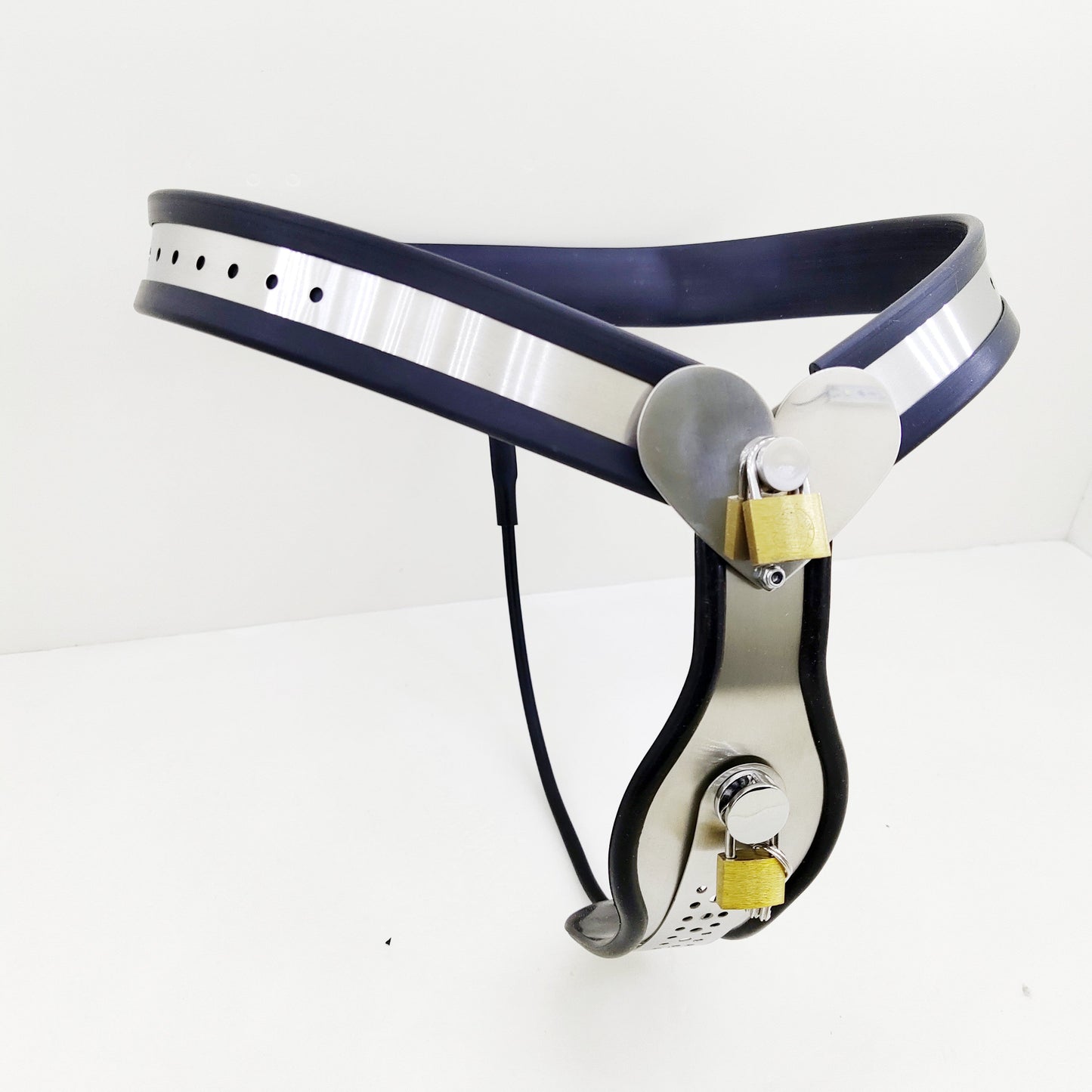 Female Heart Shaped Chastity Belt with Lock Shield - Black - ChastityBondage
