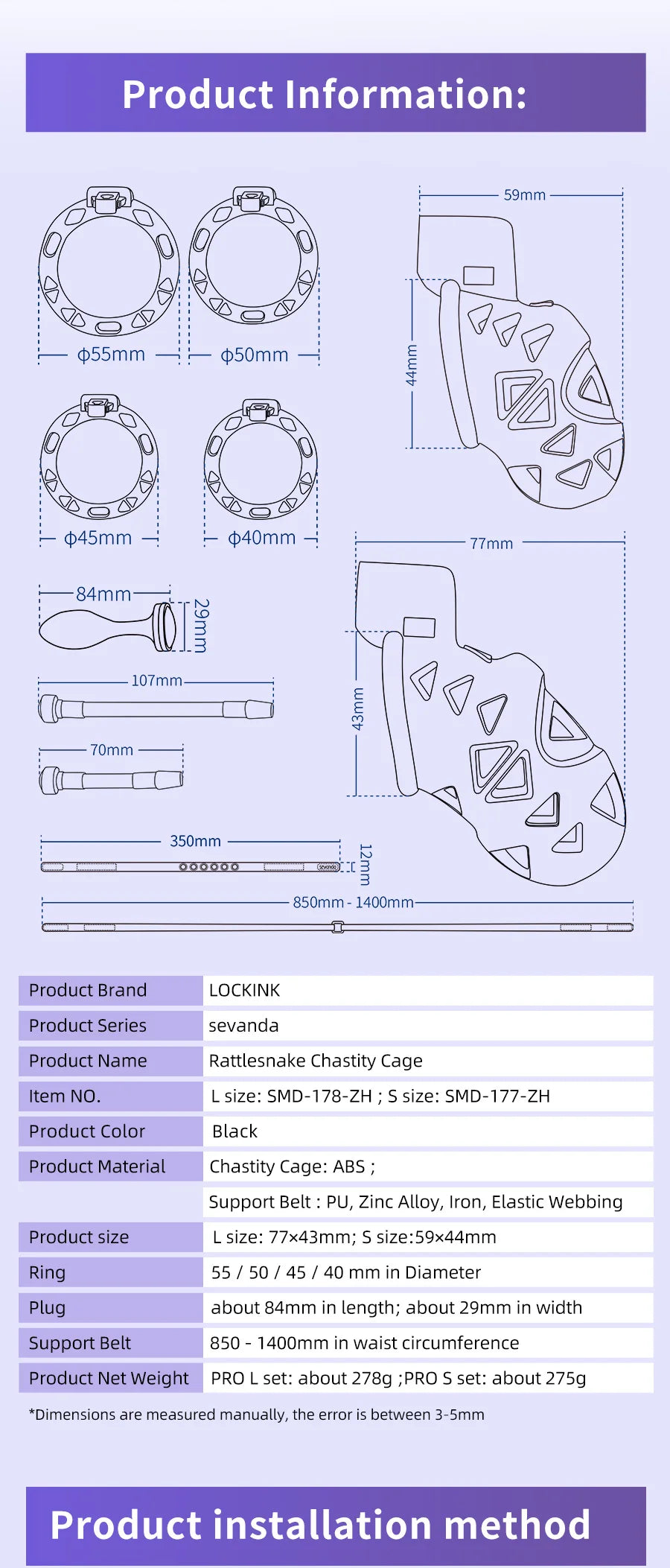Rattlesnake Cobra Chastity Cage Belt with Anal Plug, Urethral Tube and 4 Penis Rings