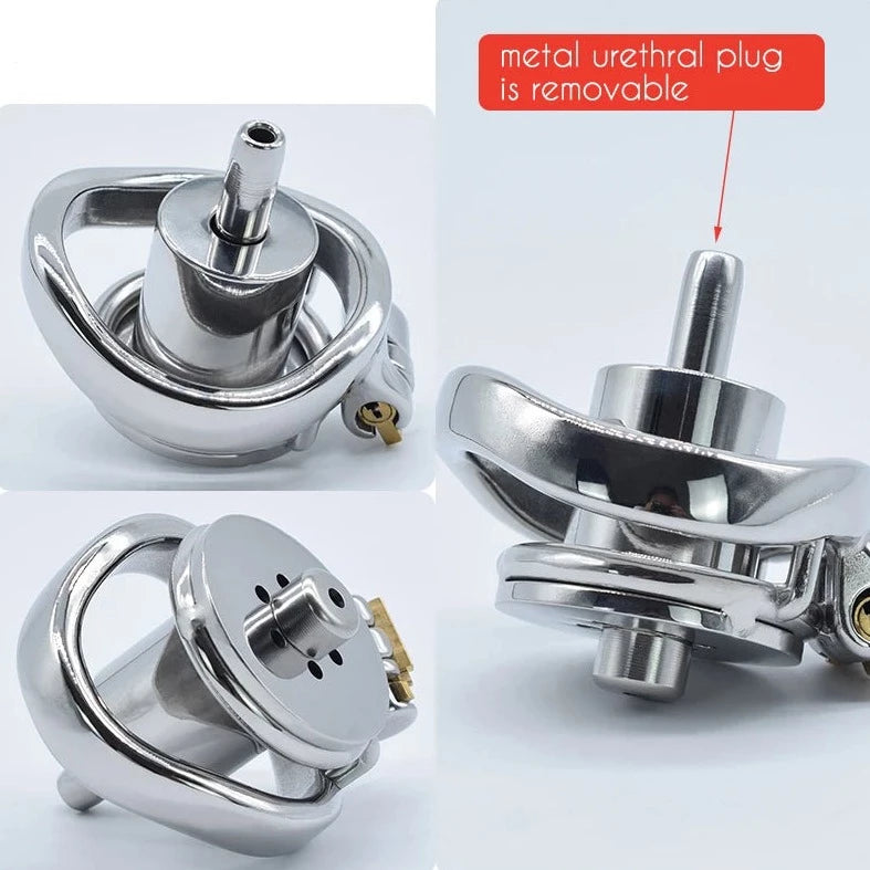 Stainless Steel Flat Inverted Chastity Cage with a Removable Catheter - ChastityBondage