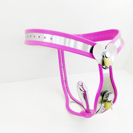 Female Heart Shaped Chastity Belt with Lock Shield - Pink - ChastityBondage