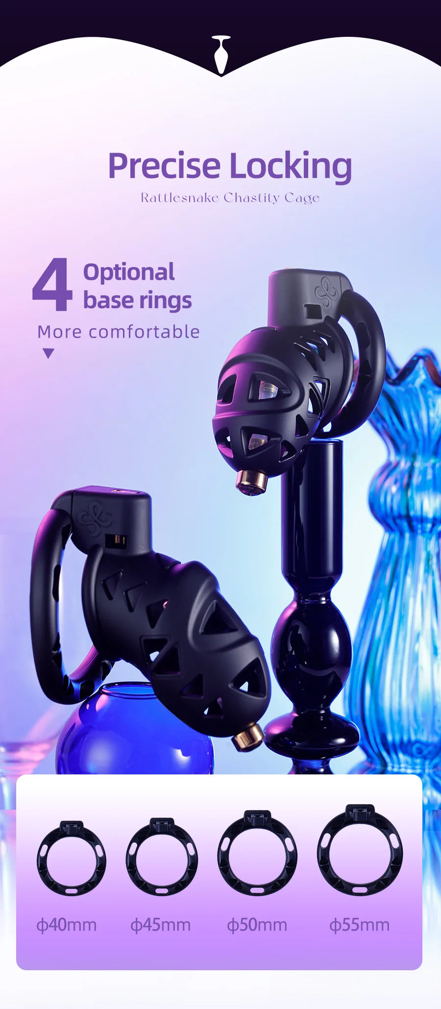 Rattlesnake Cobra Chastity Cage Belt with Anal Plug, Urethral Tube and 4 Penis Rings