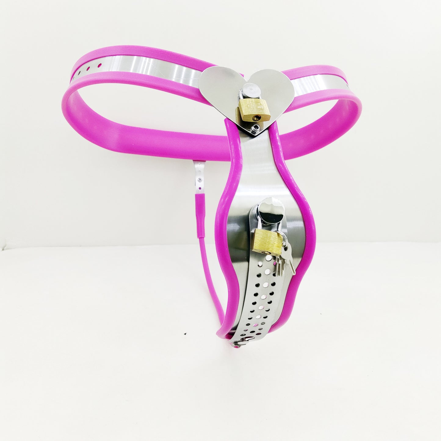 Female Heart Shaped Chastity Belt with Lock Shield - Pink - ChastityBondage