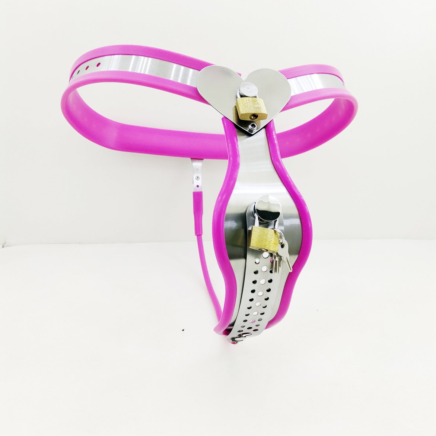 Female Heart Shaped Chastity Belt with Lock Shield - Black - ChastityBondage