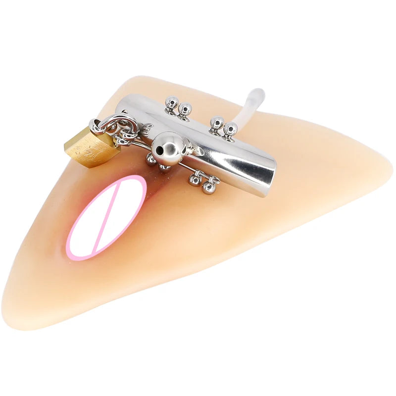 Female Chastity Lock with Urethral Catheter Labia and Charistinga Piercing Lips - ChastityBondage