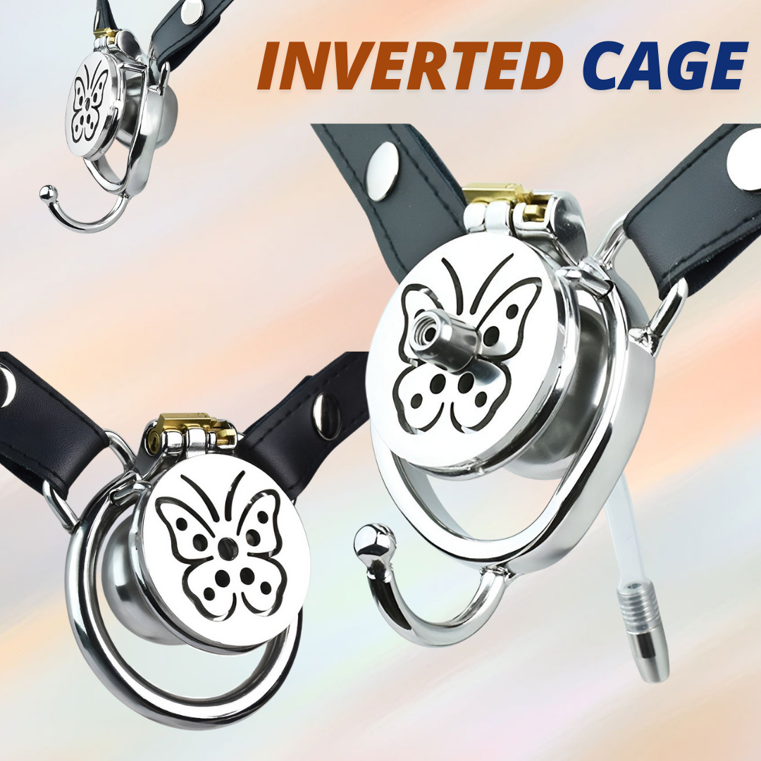 Sissy Butterfly Inverted Chastity Cage with PU Belt and Silicone Catheter Metal Negative Cock Cage