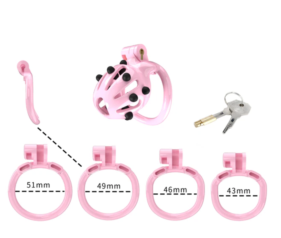 Pink Chastity Cage with 5 Size Penis Rings and Removable Silicone Spikes - ChastityBondage