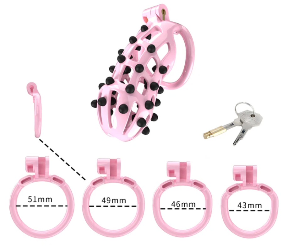 Pink Chastity Cage with 5 Size Penis Rings and Removable Silicone Spikes - ChastityBondage