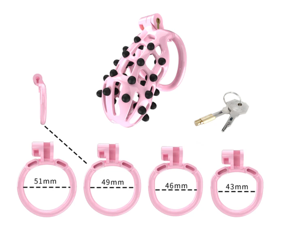 Pink Chastity Cage with 5 Size Penis Rings and Removable Silicone Spikes - ChastityBondage