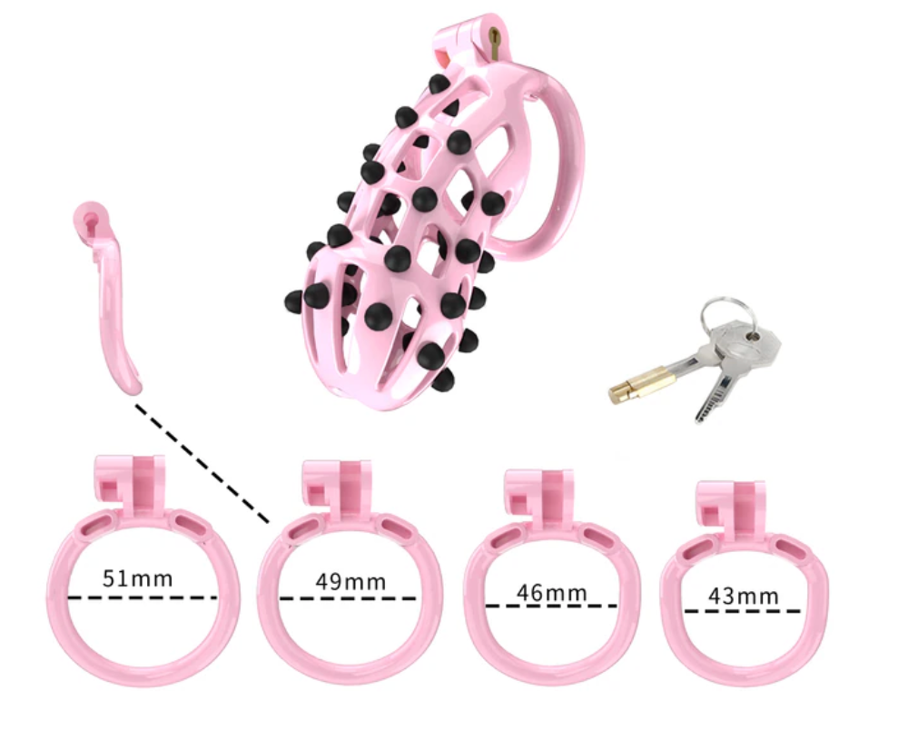 Pink Chastity Cage with 5 Size Penis Rings and Removable Silicone Spikes - ChastityBondage