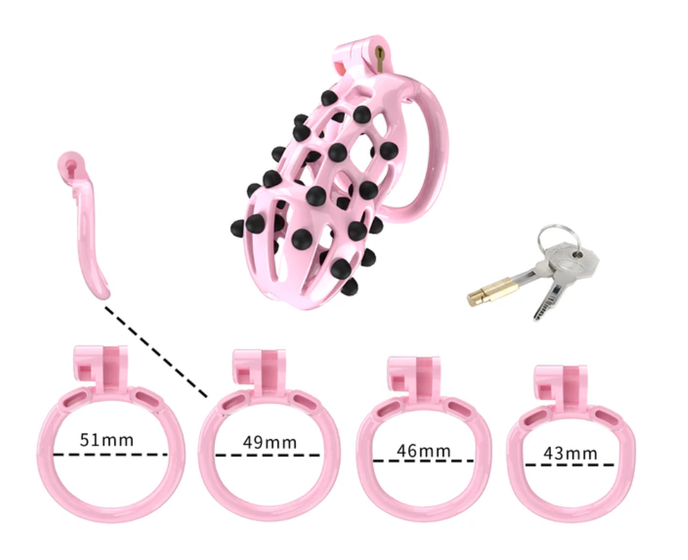 Pink Chastity Cage with 5 Size Penis Rings and Removable Silicone Spikes - ChastityBondage