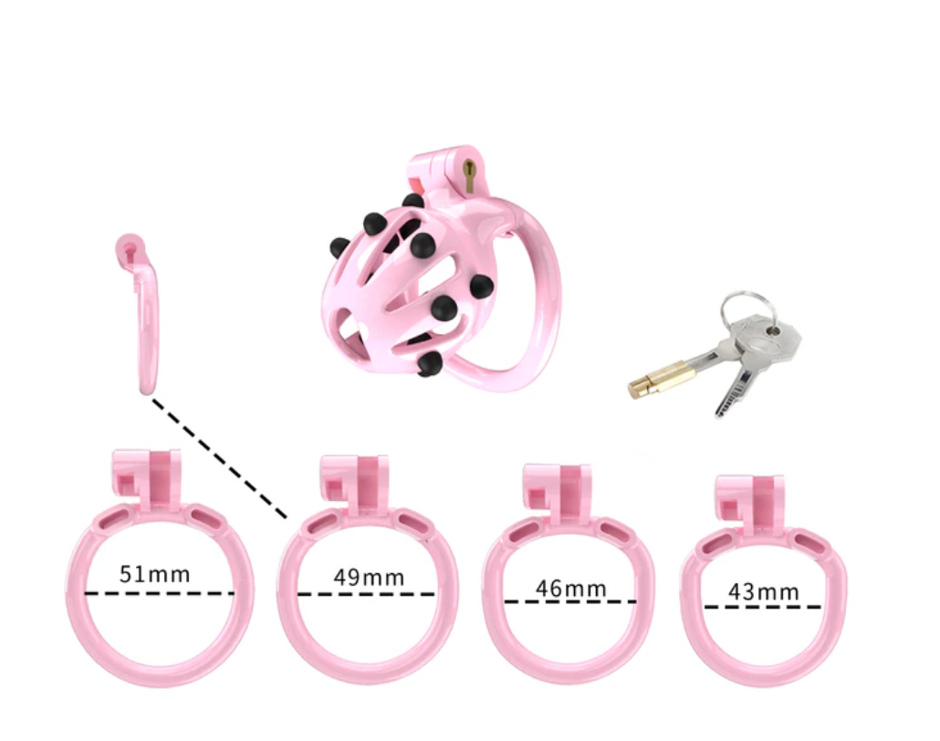 Pink Chastity Cage with 5 Size Penis Rings and Removable Silicone Spikes - ChastityBondage