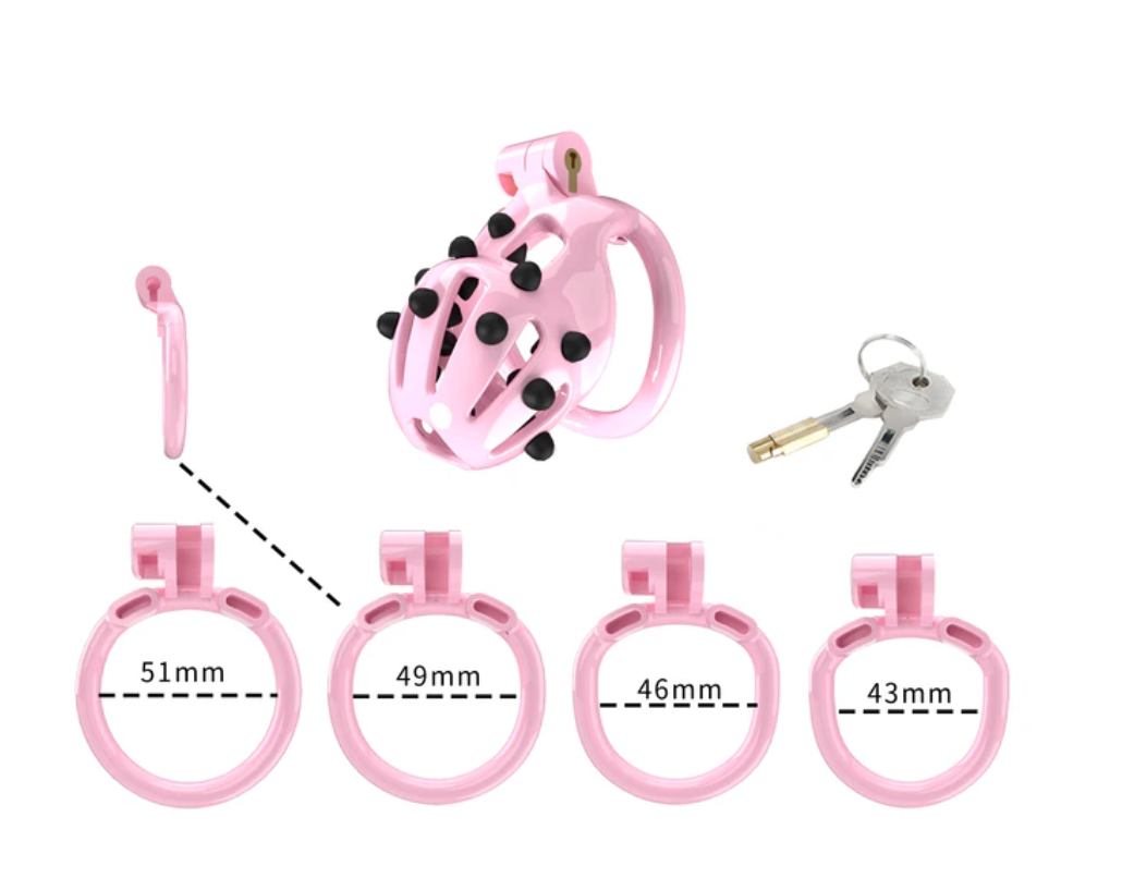 Pink Chastity Cage with 5 Size Penis Rings and Removable Silicone Spikes - ChastityBondage