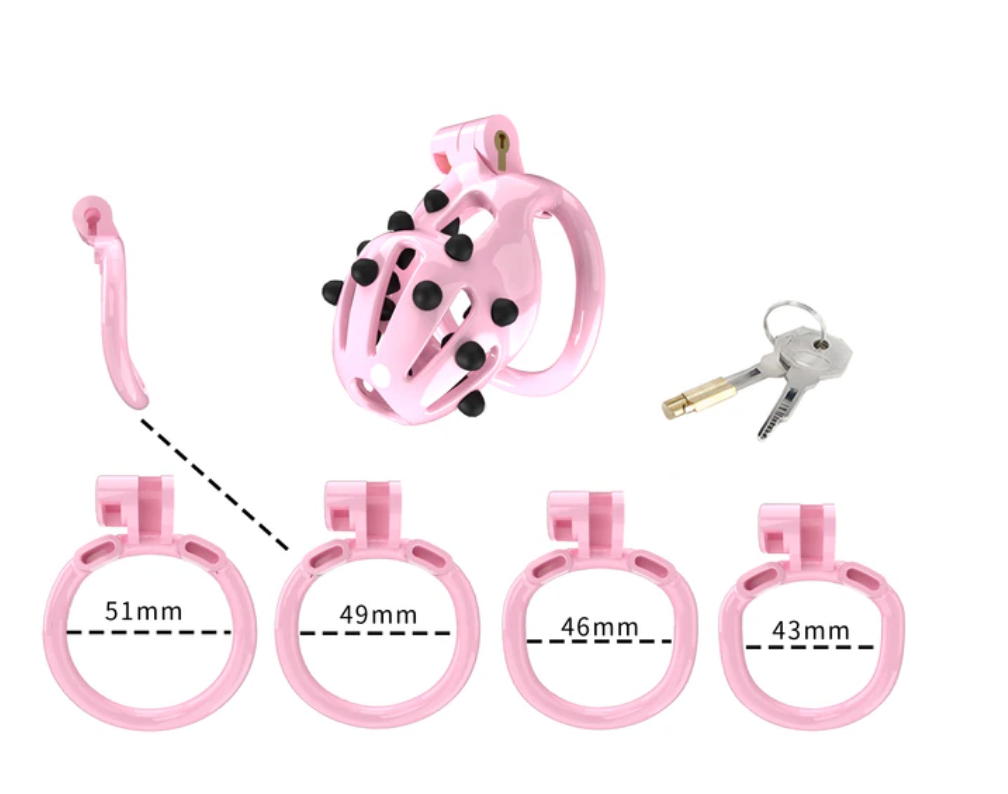 Pink Chastity Cage with 5 Size Penis Rings and Removable Silicone Spikes - ChastityBondage