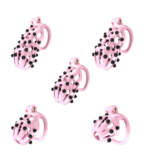 Pink Chastity Cage with 5 Size Penis Rings and Removable Silicone Spikes - ChastityBondage