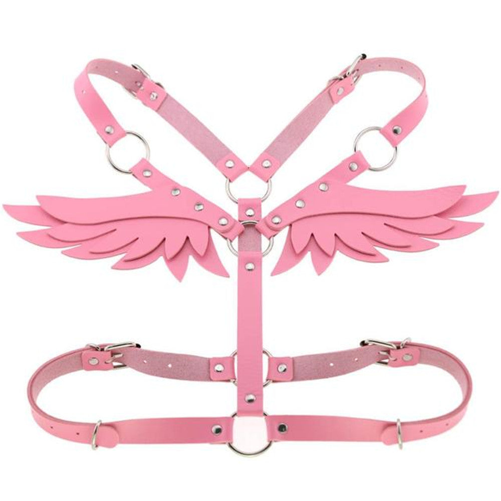 Pink PU Leather Body Harness - Angle Wings Waist Bondage Lingerie - ChastityBondage