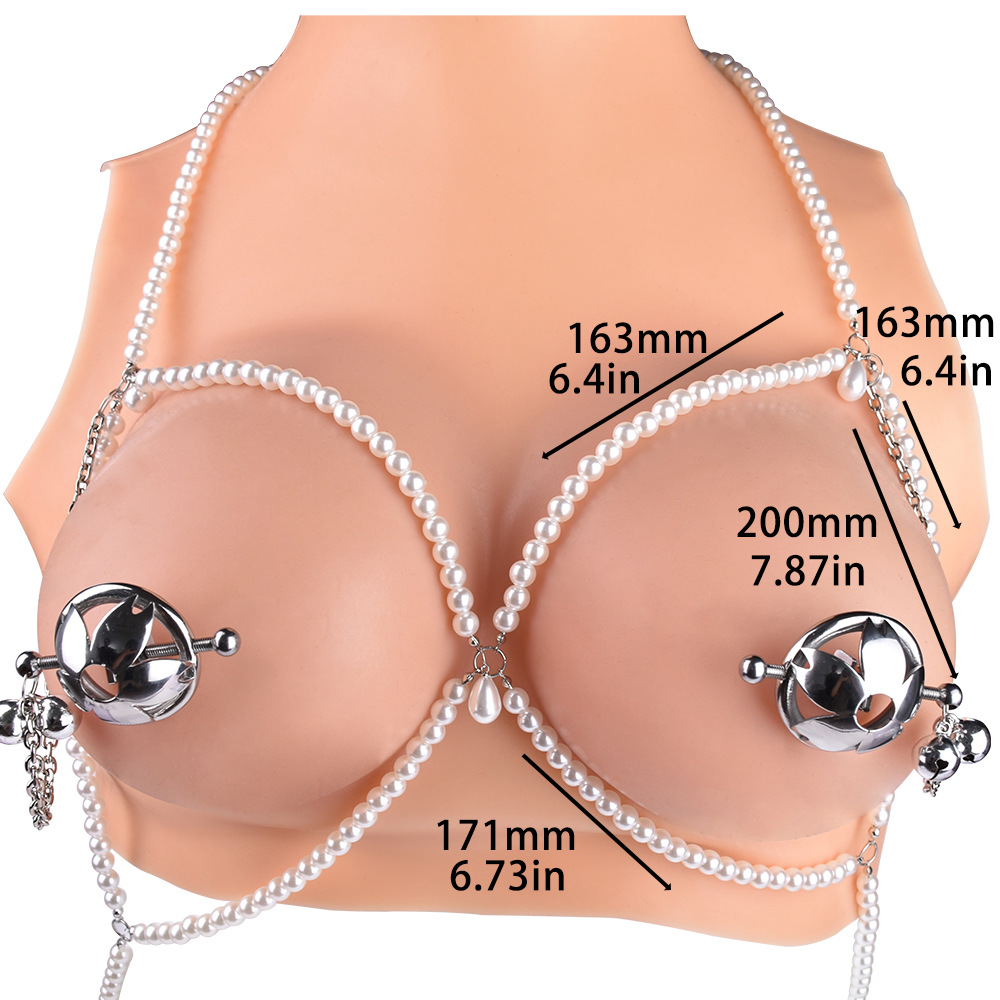 Sexy Bondage Bra with Flower Nipple Clamps - Metal/PU Leather/Pearl Harness Gear for Women
