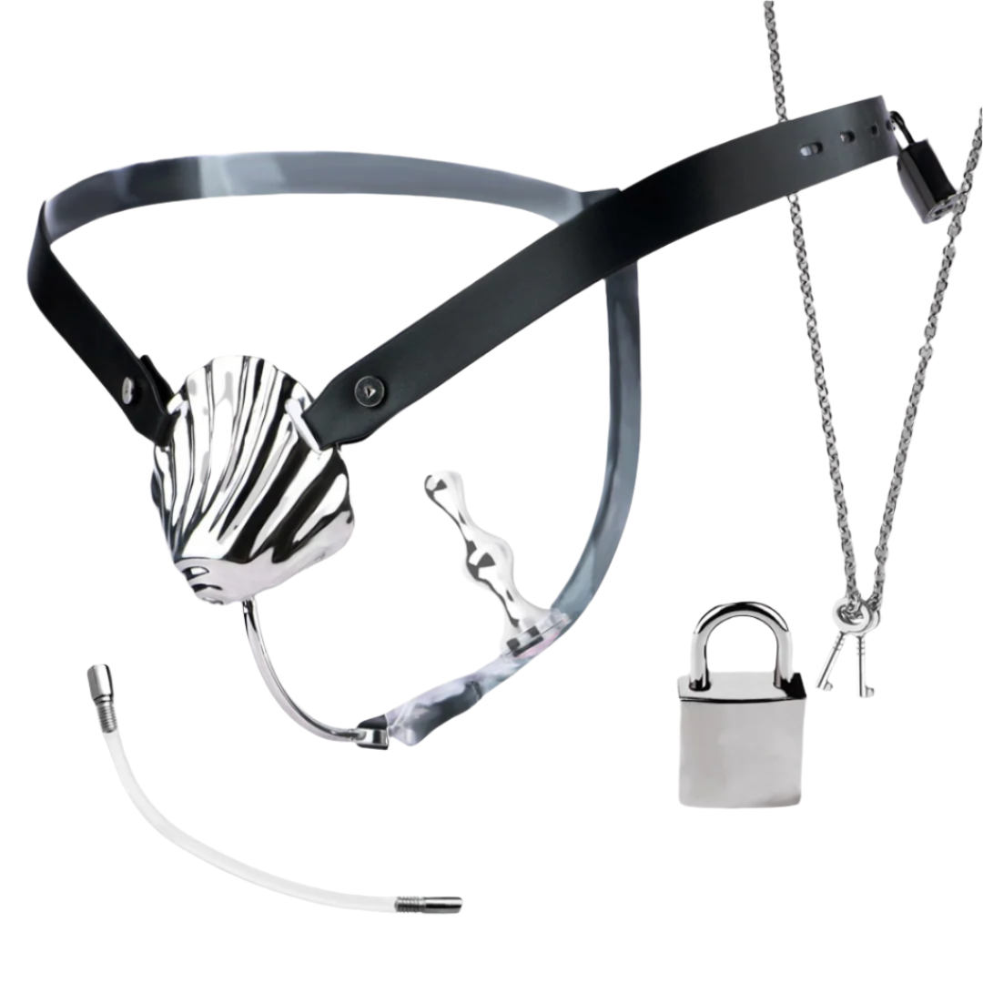 Micro Metal Shell Chastity Cage with Anal Plug and Soft Catheter