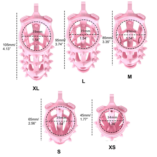 Pink Chastity Cage with Removable Silicone Spikes and 5 Size Penis Rings - ChastityBondage