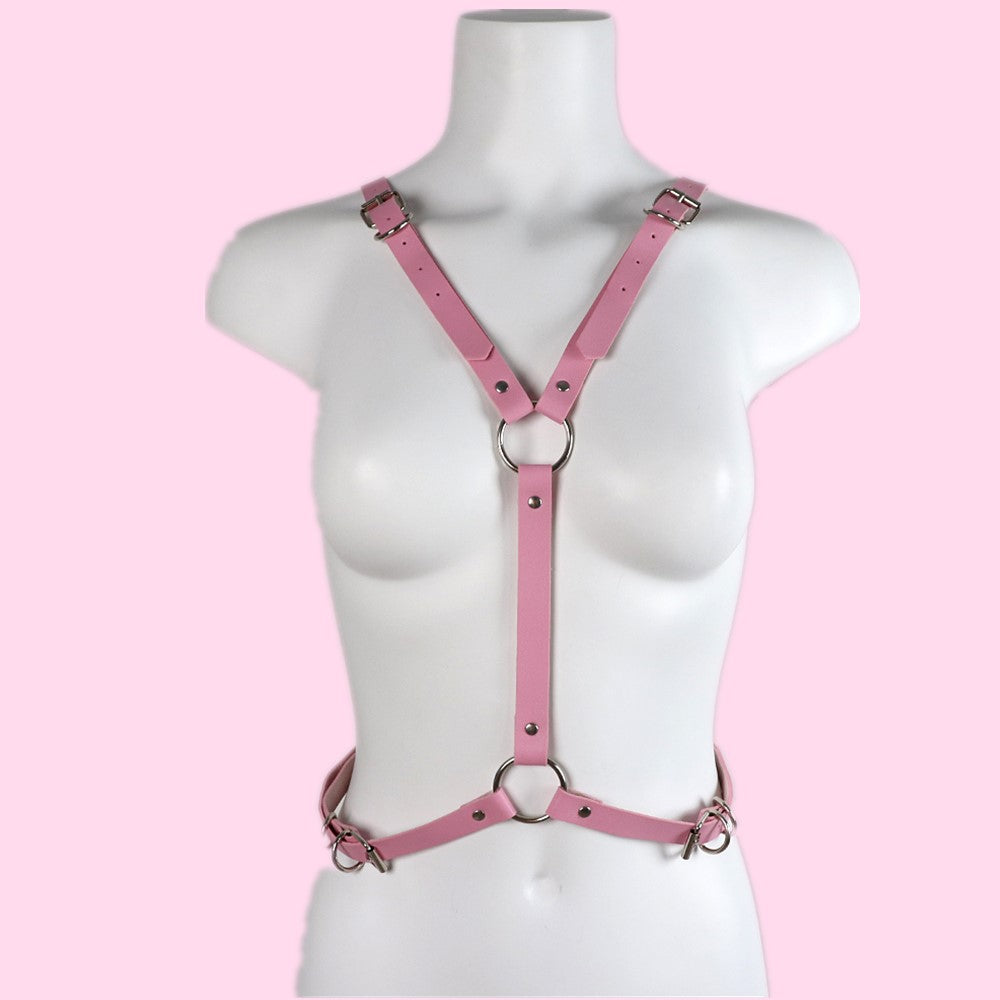 Pink PU Leather Body Harness - Angle Wings Waist Bondage Lingerie - ChastityBondage