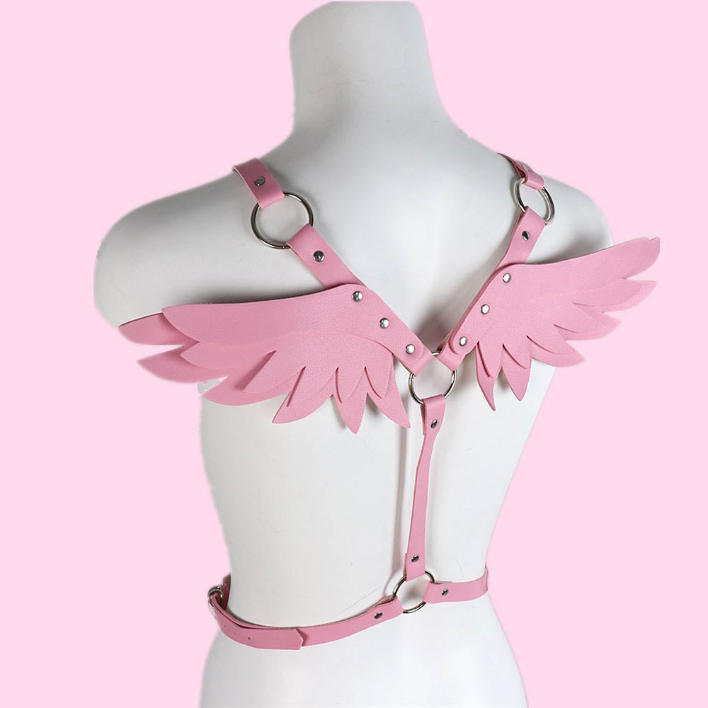 Pink PU Leather Body Harness - Angle Wings Waist Bondage Lingerie - ChastityBondage