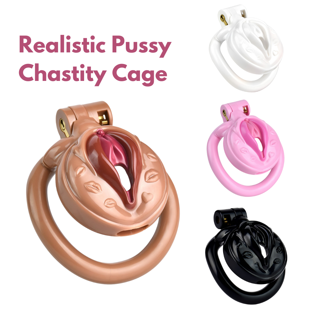 Realistic Pussy Chastity Cage For Sissy Flat CockCage Nude/Pink/Black/White  – ChastityBondage