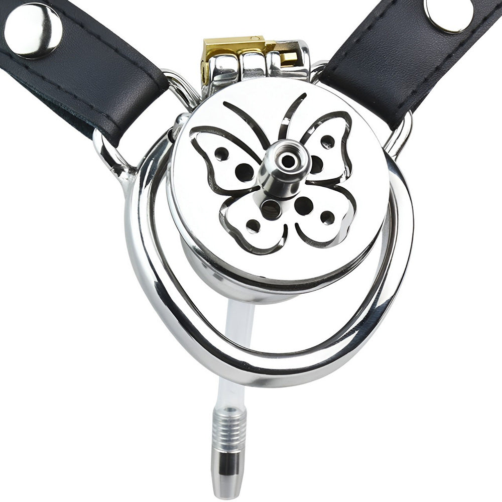 Sissy Butterfly Inverted Chastity Cage with PU Belt and Silicone Catheter Metal Negative Cock Cage