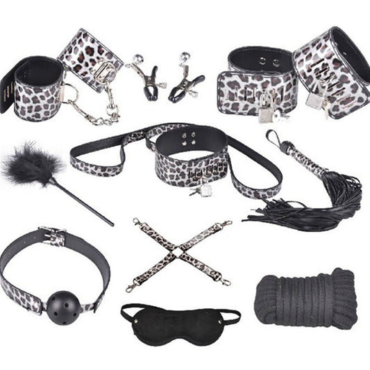 10 Pcs Leopard Leather Bondage Kit for BDSM Restraints and Slave training - ChastityBondage