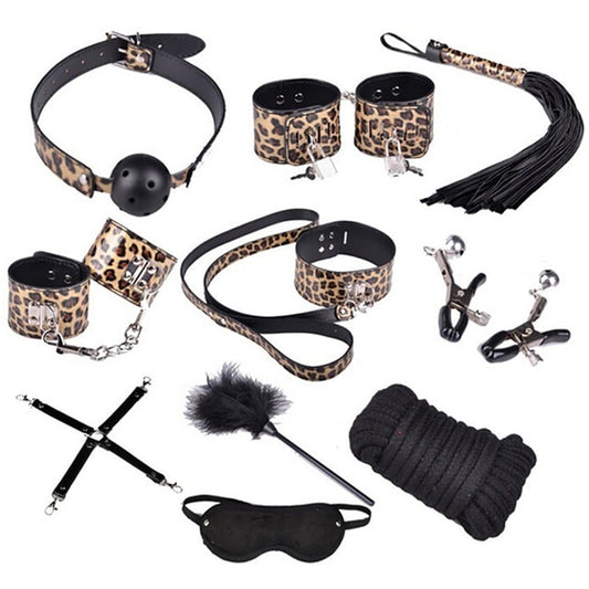 10 Pcs Leopard Leather Bondage Kit for BDSM Restraints and Slave training - ChastityBondage