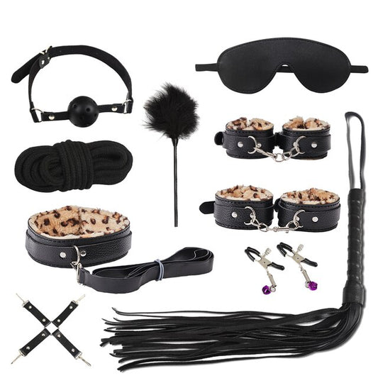 10pcs Bondage Kit - Black PU Leather Body Harness BDSM Toys - ChastityBondage