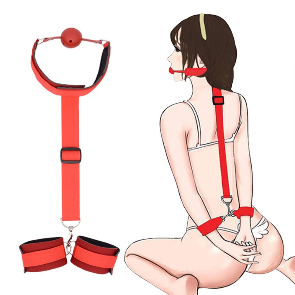 Red BDSM Restrains With Gag and Hand Cuffs