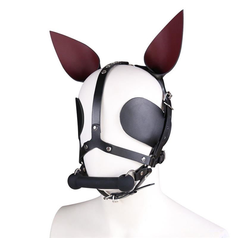 BDSM Harness Mask in PU Leather- Pony Bondage Headpiece With Ear and Eye - ChastityBondage