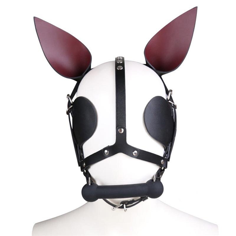 BDSM Harness Mask in PU Leather- Pony Bondage Headpiece With Ear and Eye - ChastityBondage
