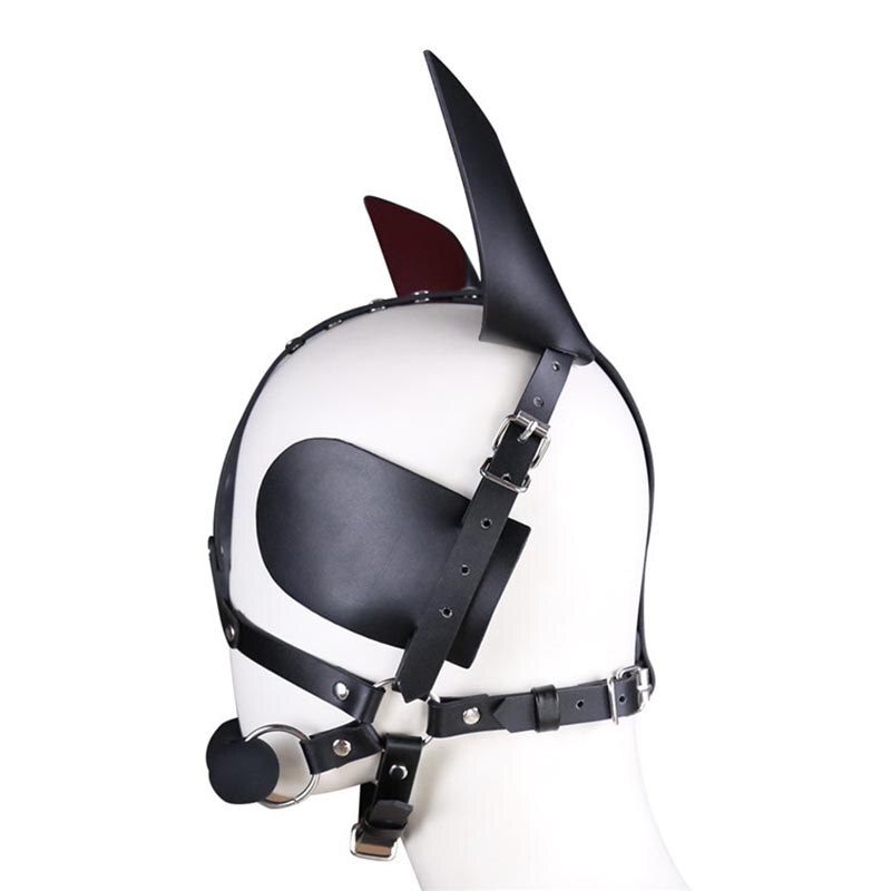 BDSM Harness Mask in PU Leather- Pony Bondage Headpiece With Ear and Eye - ChastityBondage