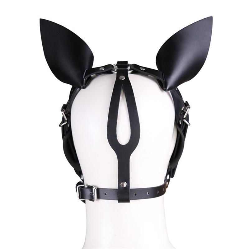 BDSM Harness Mask in PU Leather- Pony Bondage Headpiece With Ear and Eye - ChastityBondage