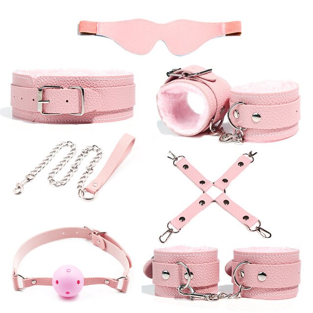 Pink BDSM Harness Kit - 7 pcs Women Gay Harness Bondage Set with cuffs - ChastityBondage