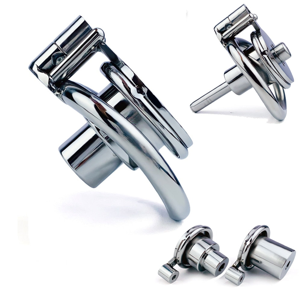 Inverted Chastity Cage with Removable Urethral Plug - Negative Cock Cage in Stainless Steel - ChastityBondage