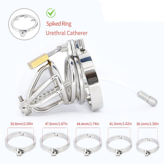 Spiked Metal Chastity Cage with Urethral Catheter - Male Chastity Device - ChastityBondage